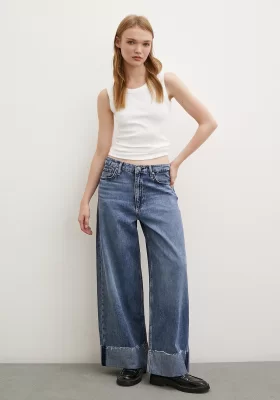 High Waist Folded Wide Leg Jeans Blue