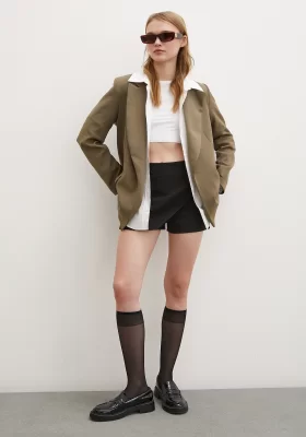 Piped Lining Pocketed Blazer Jacket Khaki