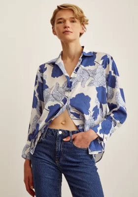 V Neck Satin Shirt Blue