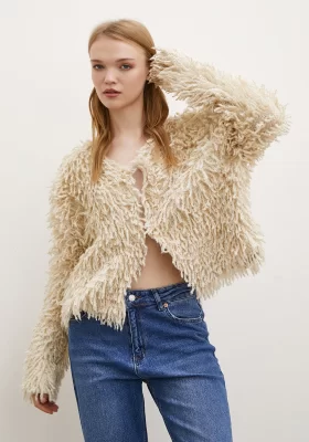 V Neck Fringed Cardigan Ecru