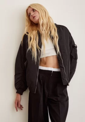 Cuffed Sleeve Bomber Jacket Black