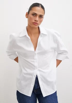 Wide-Lapel Linen Shirt White