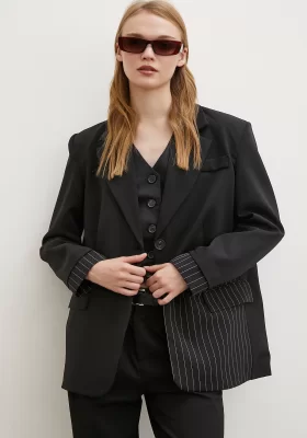 Line Detailed Double Buttoned Blazer Jacket Black