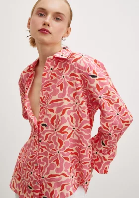 Flower Pattern V-Neck Modal Shirt Fuchsia