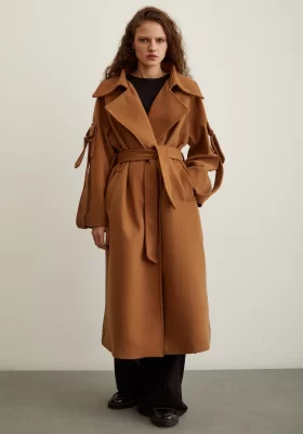 Camel Double-Breasted Coat with Pocket and Epaulettes