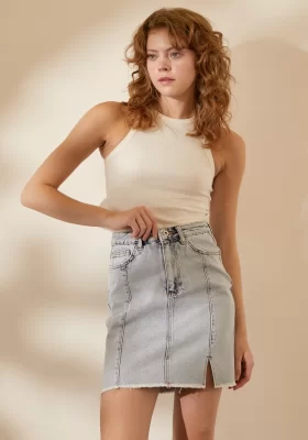 High Waist Slit Skirt Ice Blue