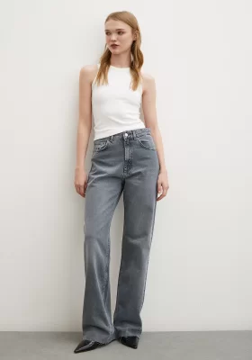 High Waist Cropped Wide Leg Jean Smoke