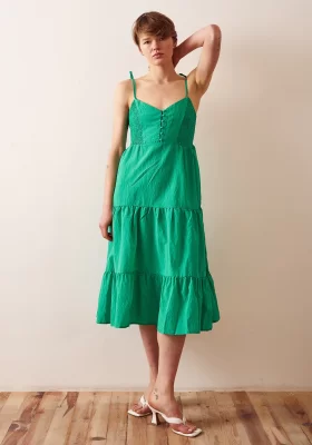 Shirred Strap Dress Green