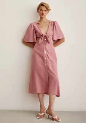 Tie Front Puff Shoulder Dress Rose Pink