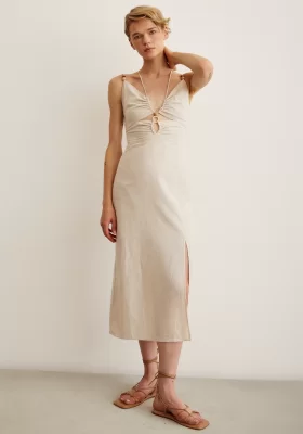 Beaded Detailed Spaghetti Strap Dress Cream