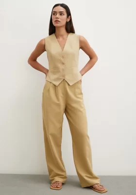 Pipe Leg High Waist Linen Trousers Camel