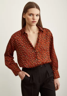 Polka Dot Patterned Satin Shirt in Light Brown