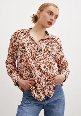 Patterned Waffle Satin Shirt Orange