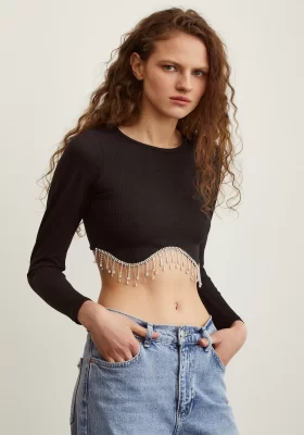 Bright Stoned Crop Top Black