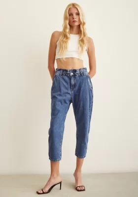 Elastic Waist Mom Jeans Blue