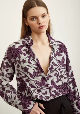 Leaf Patterned Viscose Shirt Purple