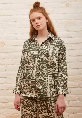 Loose Patterned Satin Shirt Green