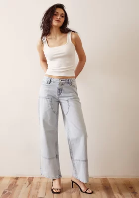 Flared Leg Baggy Jeans in Ice Blue