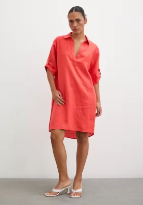 Shirt Collar Linen Dress Red