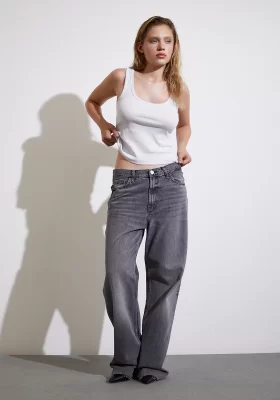 Hoch geschnittene, Wide Leg Jeans mit gekürztem Saum in Antirutsch-Ausführung