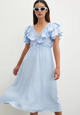 Ruffle Detail V Neck Embroidered Linen Dress Blue