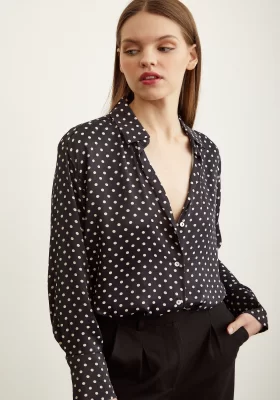 Polka Dot Patterned Satin Shirt Black