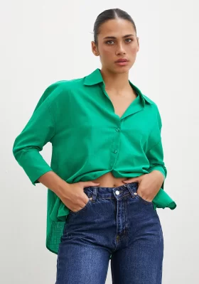 Wide-Collared Linen Shirt Green