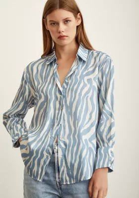 Zebra Pattern Satin Shirt Turquoise