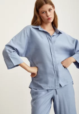 Bat Sleeve Linen Shirt Blue