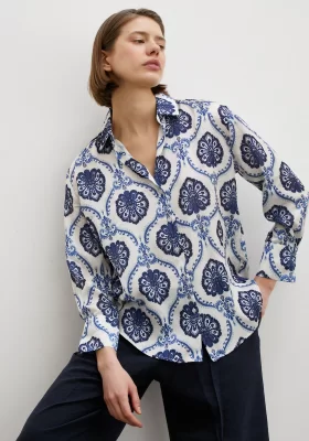 V Neck Shawl Pattern Shirt Navy