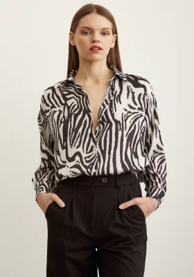 Zebra Pattern V Neck Satin Shirt Black