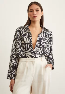 V Neck Patterned Satin Shirt Black