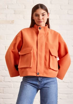 Cell Detailed Lace-Up Crop Jacket Orange