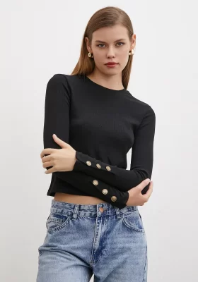 Buttoned Sleeve Blouse in Black