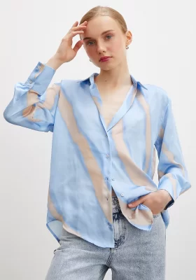 Patterned V Neck Satin Shirt Blue