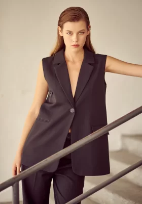 Buttoned Long Vest with Pocket - Black