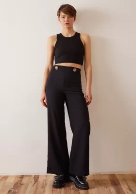 Button Detailed Slouchy Pants Black