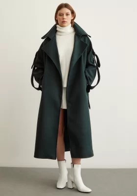 Arm Pocketed Epauletted Long Cashmere Coat Green