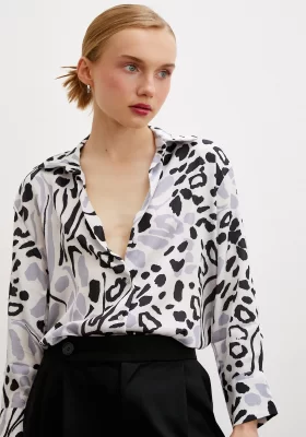 V Neck Leopard Print Shirt Black