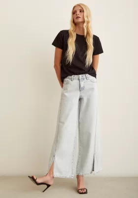 Slit Hem Wide Leg Jeans Ice Blue