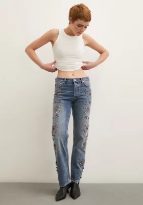 Embroidered High Waisted Flare Leg Jeans Blue