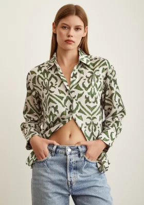 V Neck Patterned Satin Shirt Khaki