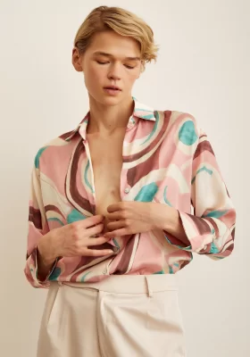 V Neck Patterned Satin Shirt Pink