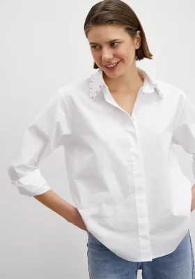 Collar Embellished Poplin Shirt White