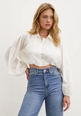 Balloon Sleeve Crop Top White