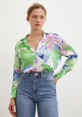 Flower Pattern Satin Shirt Green