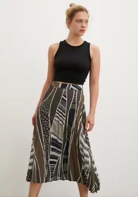 Patterned Pleated Skirt Khaki