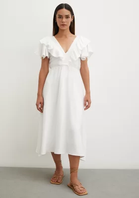 Ruffle Detailed V-Neck Linen Dress White