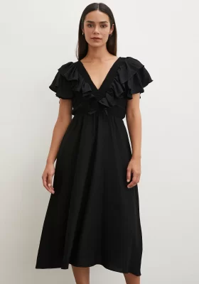 Frill Detail V Neck Linen Dress Black