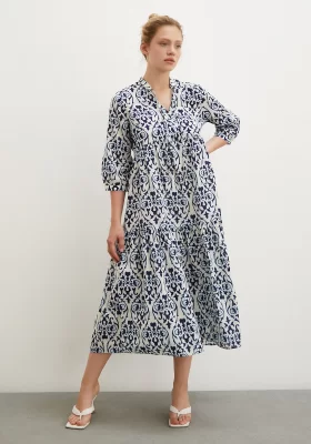 V-Neck Patterned Maxi Dress Navy